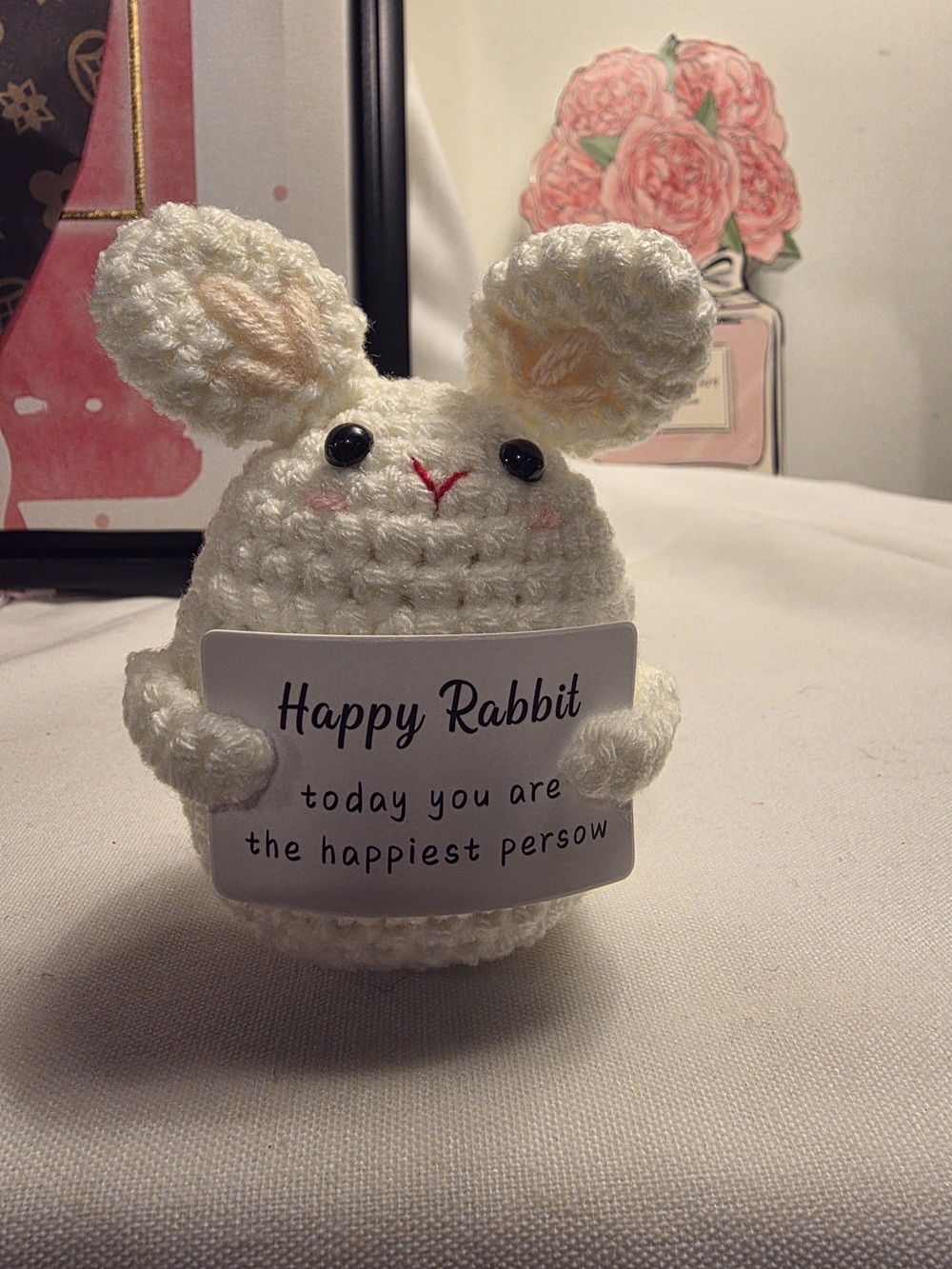 Handmade White Crochet Bunny Plush - Happy Rabbit